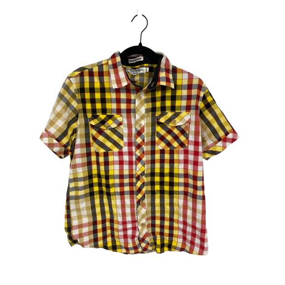 TRUST 80 AKOO MEN L checked black red yellow white CASUAL BUTTON UP plaid SHIRT - Picture 1 of 4